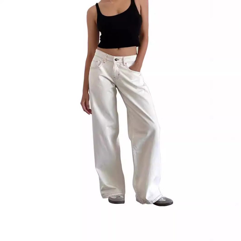 Women's Low-Rise Washed Straight-Leg Non-Stretch Denim Jeans, Full Length Vintage Street Style - Image 3