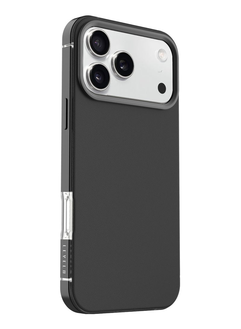 LEVELO iPhone 17 Pro Mia MagSafe Case with Matte Silicone Texture & Shock-Resistant Bumper / Anti-Fingerprint & Non-Slip Texture / Aluminum Alloy Frame for Camera & Edges / Frosted Clear Design - Phantom Black - Image 2