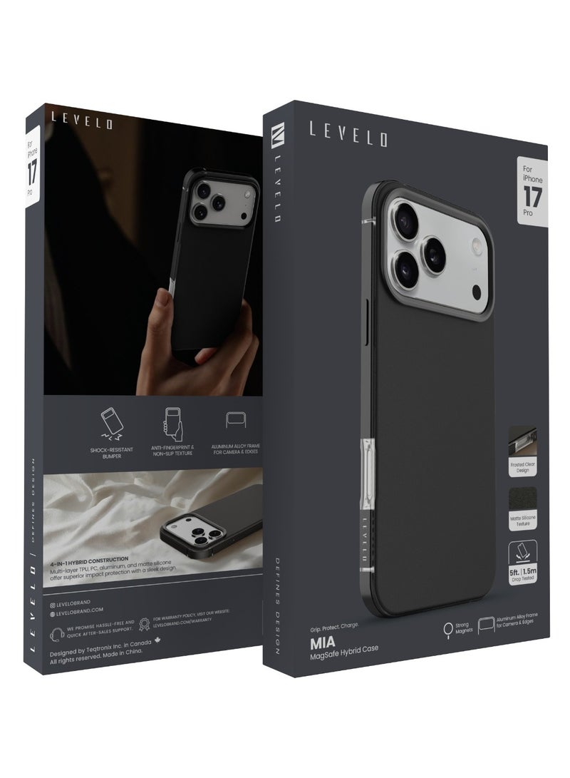 LEVELO iPhone 17 Pro Mia MagSafe Case with Matte Silicone Texture & Shock-Resistant Bumper / Anti-Fingerprint & Non-Slip Texture / Aluminum Alloy Frame for Camera & Edges / Frosted Clear Design - Phantom Black - Image 3