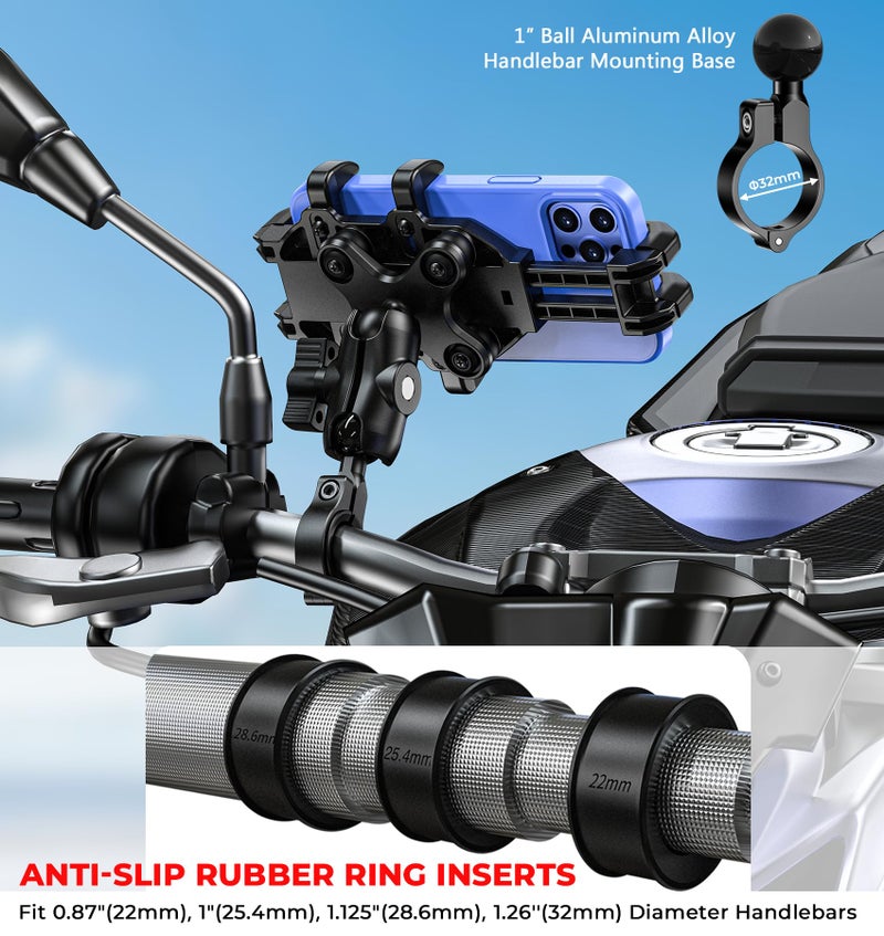 VAZESWIN Motorcycle Phone Mount with Vibration Dampener, Anti-Shake Bike Phone Holder with Aluminum Alloy Handlebar Clamp, One-Handed Operation Motorcycle Cellphone Mount Fit for 5.4"-7.2" Smartphone - Image 4