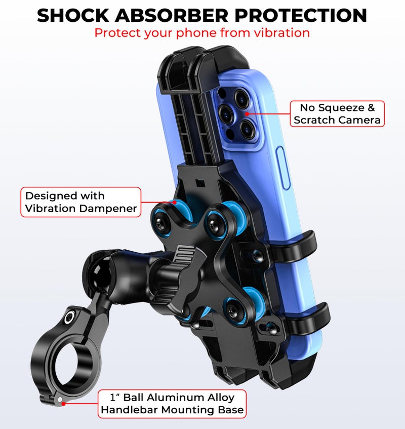 VAZESWIN Motorcycle Phone Mount with Vibration Dampener, Anti-Shake Bike Phone Holder with Aluminum Alloy Handlebar Clamp, One-Handed Operation Motorcycle Cellphone Mount Fit for 5.4"-7.2" Smartphone - Image 2