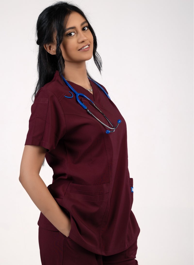 RZ Scrub Comfortable Lycra Dark red  fabric with many pockets is meticulously crafted to retain its color without fading with repeated washing  - Image 4