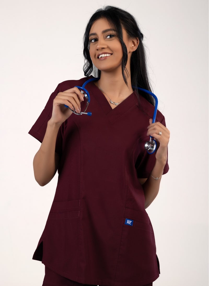RZ Scrub Comfortable Lycra Dark red  fabric with many pockets is meticulously crafted to retain its color without fading with repeated washing  - Image 1