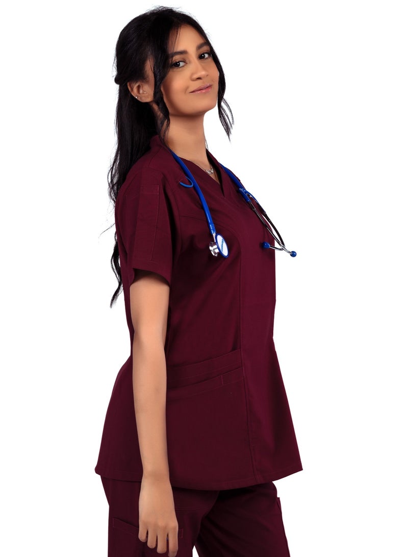 RZ Scrub Comfortable Lycra Dark red  fabric with many pockets is meticulously crafted to retain its color without fading with repeated washing  - Image 3