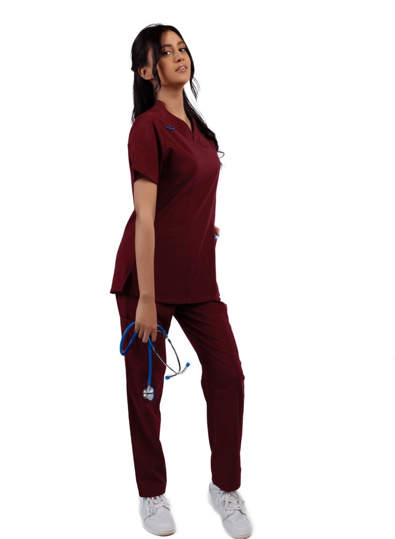 RZ Scrub Comfortable Lycra Dark red  fabric with many pockets is meticulously crafted to retain its color without fading with repeated washing  - Image 2