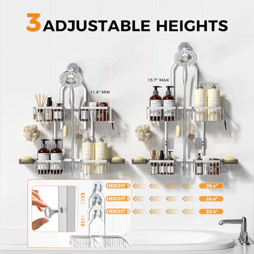 REINHARDT Aluminum Shower Caddy Hanging Adjustable Shower Caddy, Rustproof Hanging Shower Organizer with Hooks Soap Holders, Over Shower Head Caddy for Handheld Showerhead, Silver - Image 2