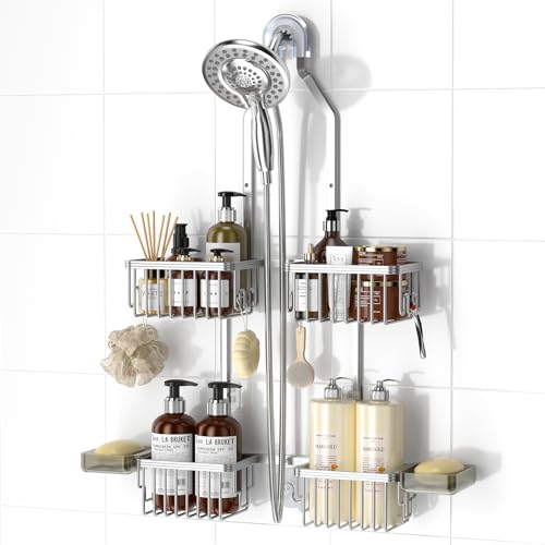 REINHARDT Aluminum Shower Caddy Hanging Adjustable Shower Caddy, Rustproof Hanging Shower Organizer with Hooks Soap Holders, Over Shower Head Caddy for Handheld Showerhead, Silver - Image 1