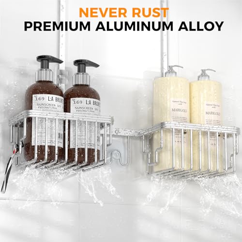 REINHARDT Aluminum Shower Caddy Hanging Adjustable Shower Caddy, Rustproof Hanging Shower Organizer with Hooks Soap Holders, Over Shower Head Caddy for Handheld Showerhead, Silver - Image 3