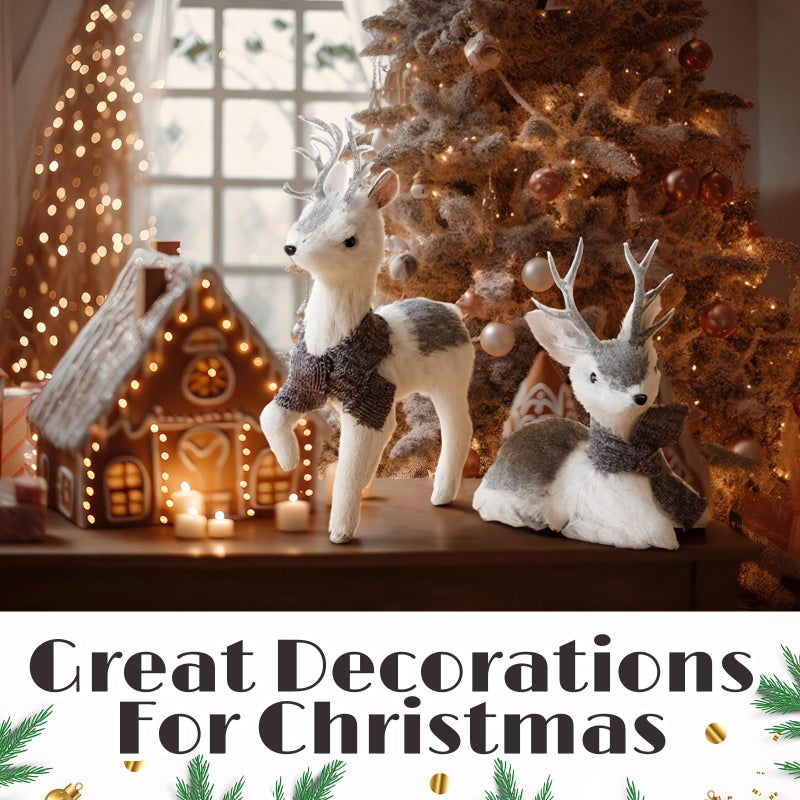 AceOrbit Set of 2 Silver Sisal Winter Reindeer Decor 14.5 Inch Glitter Winter Deer Figurines with Plush Scarf Woodland Animals Xmas Decorations Indoor Xmas Table Centerpiece Mantel Shelf Decor - Image 3