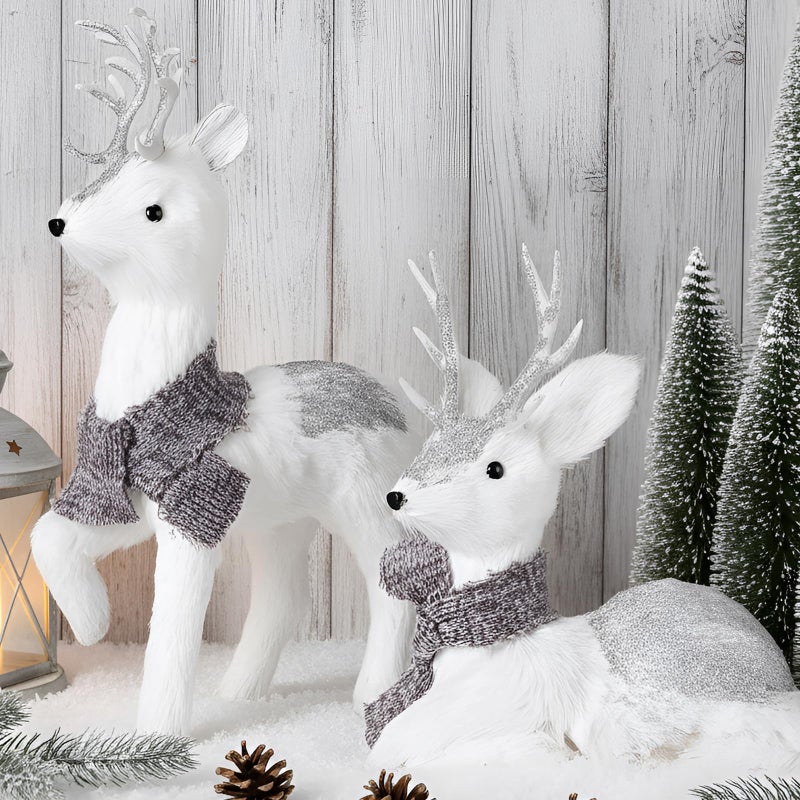 AceOrbit Set of 2 Silver Sisal Winter Reindeer Decor 14.5 Inch Glitter Winter Deer Figurines with Plush Scarf Woodland Animals Xmas Decorations Indoor Xmas Table Centerpiece Mantel Shelf Decor - Image 1
