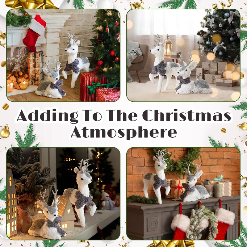 AceOrbit Set of 2 Silver Sisal Winter Reindeer Decor 14.5 Inch Glitter Winter Deer Figurines with Plush Scarf Woodland Animals Xmas Decorations Indoor Xmas Table Centerpiece Mantel Shelf Decor - Image 4