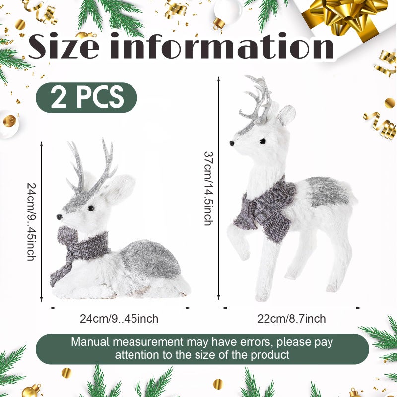 AceOrbit Set of 2 Silver Sisal Winter Reindeer Decor 14.5 Inch Glitter Winter Deer Figurines with Plush Scarf Woodland Animals Xmas Decorations Indoor Xmas Table Centerpiece Mantel Shelf Decor - Image 2