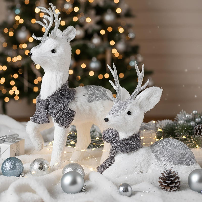 AceOrbit Set of 2 Silver Sisal Winter Reindeer Decor 14.5 Inch Glitter Winter Deer Figurines with Plush Scarf Woodland Animals Xmas Decorations Indoor Xmas Table Centerpiece Mantel Shelf Decor - Image 5