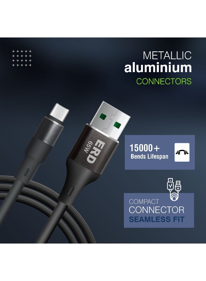 ERD كابل ERD USB-A إلى USB-C، شحن سريع 65 واط ونقل بيانات عالي السرعة | سلك متين وخفيف الوزن بطول متر واحد | عمر افتراضي يصل إلى 15000 انحناءة | للهواتف الذكية والأجهزة اللوحية وغيرها - Image 4