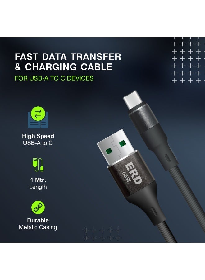 ERD كابل ERD USB-A إلى USB-C، شحن سريع 65 واط ونقل بيانات عالي السرعة | سلك متين وخفيف الوزن بطول متر واحد | عمر افتراضي يصل إلى 15000 انحناءة | للهواتف الذكية والأجهزة اللوحية وغيرها - Image 3