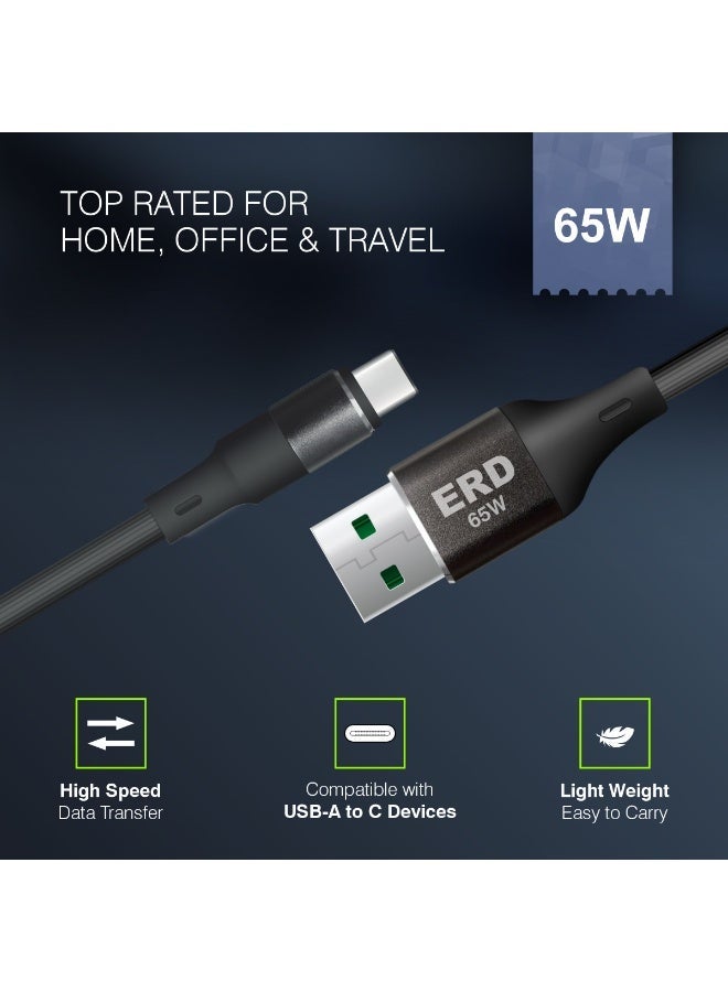 ERD كابل ERD USB-A إلى USB-C، شحن سريع 65 واط ونقل بيانات عالي السرعة | سلك متين وخفيف الوزن بطول متر واحد | عمر افتراضي يصل إلى 15000 انحناءة | للهواتف الذكية والأجهزة اللوحية وغيرها - Image 1