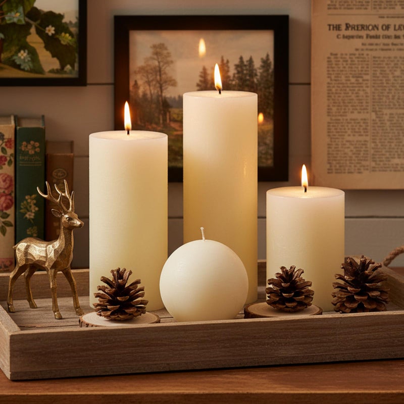 MOSROAD Ivory Rustic Textured Pillar Candles Set - 4 Pcs Assorted Sizes Unscented Pillar Candle, Decorative Farmhouse Candles for Home Centerpiece Decor, Holiday Dinner Table, Dripless & Smokeless - Image 4