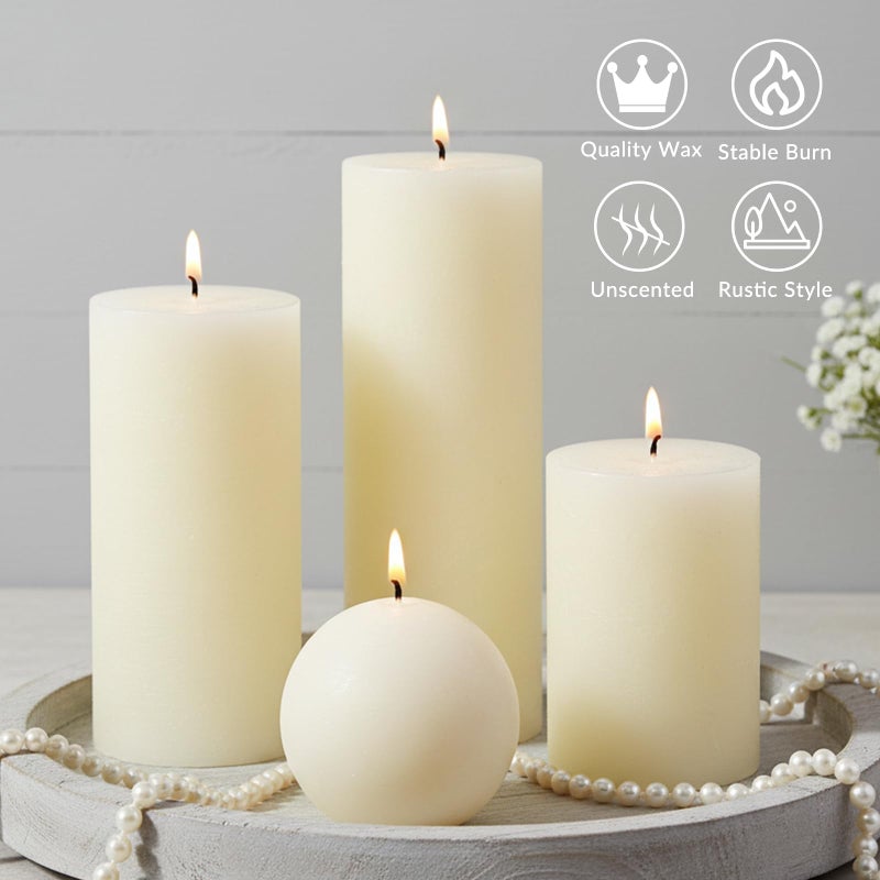 MOSROAD Ivory Rustic Textured Pillar Candles Set - 4 Pcs Assorted Sizes Unscented Pillar Candle, Decorative Farmhouse Candles for Home Centerpiece Decor, Holiday Dinner Table, Dripless & Smokeless - Image 2