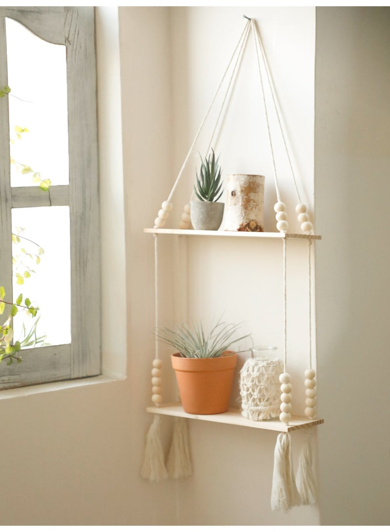 1-Piece 2-Tier Hanging Rope Wall Shelf with Beads, floating shelf Boho Style Wooden Organizer Rack for Living Room Bedroom Balcony - Image 1