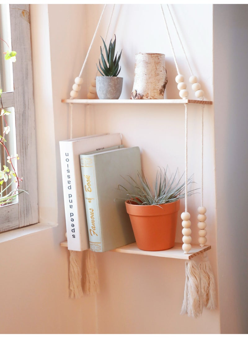 1-Piece 2-Tier Hanging Rope Wall Shelf with Beads, floating shelf Boho Style Wooden Organizer Rack for Living Room Bedroom Balcony - Image 2