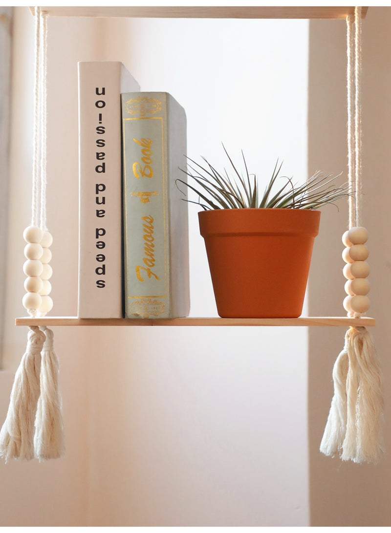 1-Piece 2-Tier Hanging Rope Wall Shelf with Beads, floating shelf Boho Style Wooden Organizer Rack for Living Room Bedroom Balcony - Image 3