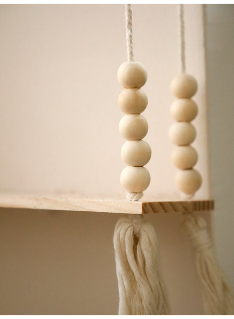 1-Piece 2-Tier Hanging Rope Wall Shelf with Beads, floating shelf Boho Style Wooden Organizer Rack for Living Room Bedroom Balcony - Image 5