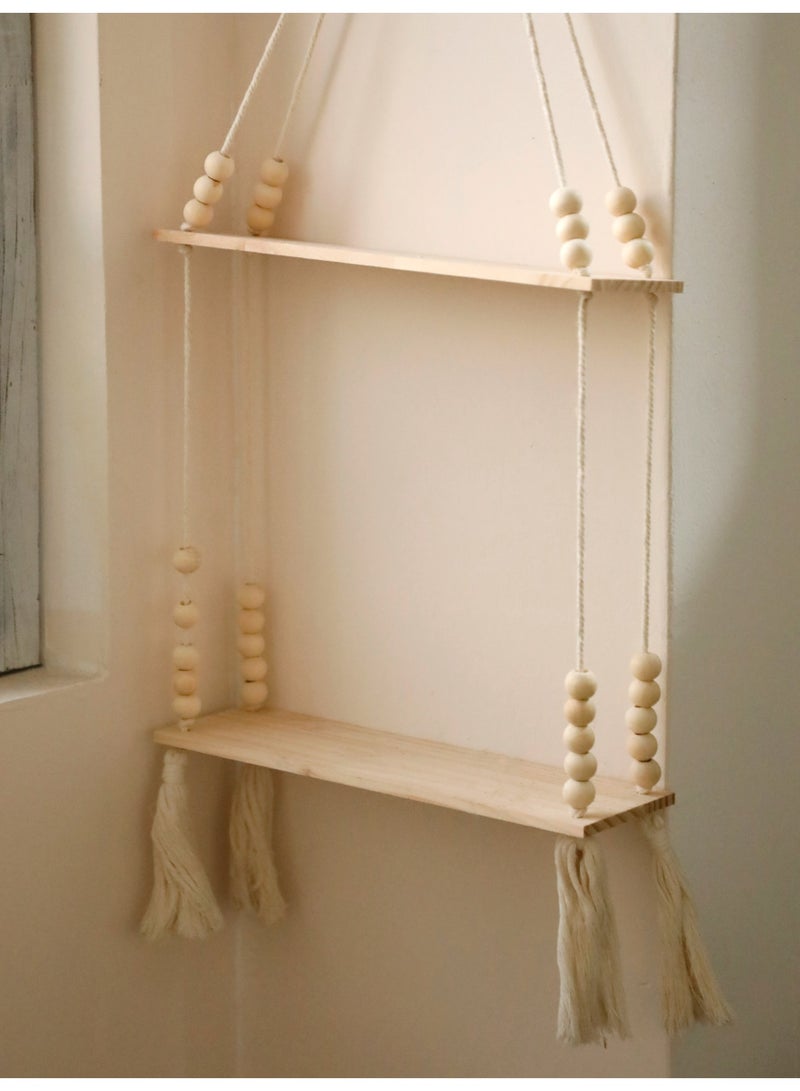 1-Piece 2-Tier Hanging Rope Wall Shelf with Beads, floating shelf Boho Style Wooden Organizer Rack for Living Room Bedroom Balcony - Image 4