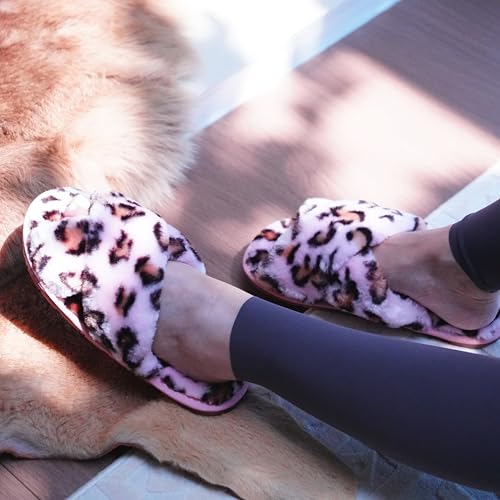 Crazy Lady Women's Fuzzy Fluffy House Slippers Cute Plush Memory Foam Shoes Cross Band Indoor Outdoor Open Toe Sandals(06/Pink,Leopard 7-8) - Image 2