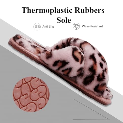 Crazy Lady Women's Fuzzy Fluffy House Slippers Cute Plush Memory Foam Shoes Cross Band Indoor Outdoor Open Toe Sandals(06/Pink,Leopard 7-8) - Image 3