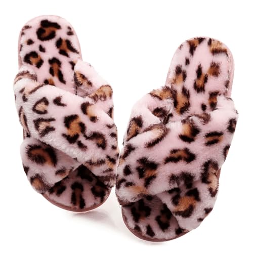 Crazy Lady Women's Fuzzy Fluffy House Slippers Cute Plush Memory Foam Shoes Cross Band Indoor Outdoor Open Toe Sandals(06/Pink,Leopard 7-8) - Image 1