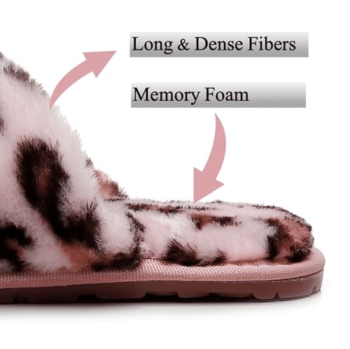 Crazy Lady Women's Fuzzy Fluffy House Slippers Cute Plush Memory Foam Shoes Cross Band Indoor Outdoor Open Toe Sandals(06/Pink,Leopard 7-8) - Image 4