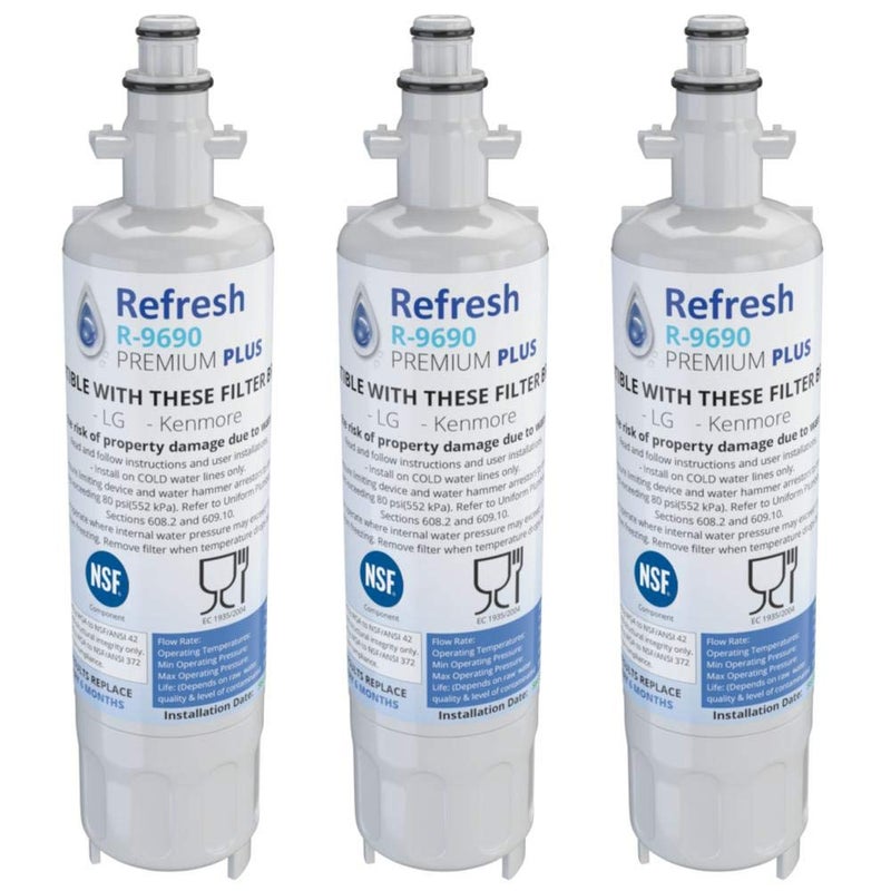 REFRESH فلتر مياه ثلاجة بديل ممتاز Refresh NSF-53 متوافق مع Kenmore 46-9690 و ADQ36006102 و LG LT700P و ADQ36006101 - نموذج R-9690Plus / R-9690Plus-S (عبوة 3)  - Image 1