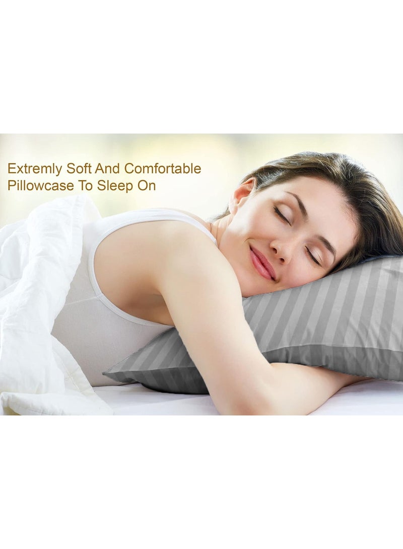 إي وورلد مجموعة من 2 غطاء وسادة بخطوط ساتان باللون الرمادي تتميز بعدد خيوط 300، خط ساتان بعرض 1 سم، إغلاق بالطية، مما يضمن البرودة والتهوية والجودة العالية والمريحة. - Image 4