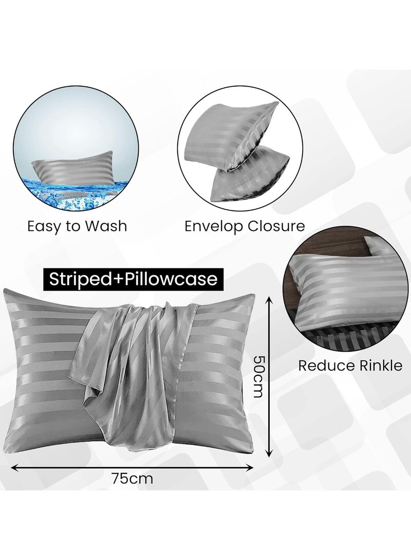 إي وورلد مجموعة من 2 غطاء وسادة بخطوط ساتان باللون الرمادي تتميز بعدد خيوط 300، خط ساتان بعرض 1 سم، إغلاق بالطية، مما يضمن البرودة والتهوية والجودة العالية والمريحة. - Image 2