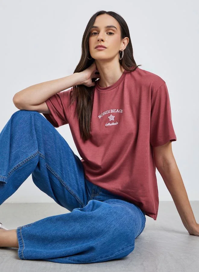 ستايلي Styli Women Red Bondi Beach Embroidered Oversized T-Shirt