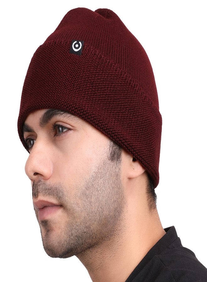 Coreteq Unisex Snug-fit Woollen Folded Cuff Beanie Winter Cap (Merlot Maroon, Free Size, Pack of 1) - Image 1