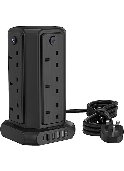 Strip Tower with USB, NTONPOWER 1080J Surge Protector Tower with 12 Sockets 4 USB, 1.5 Meter Power Extension Cord, Overload Protection, 3250W Extension Lead, 13 amp Fused Plug, Individual Switch