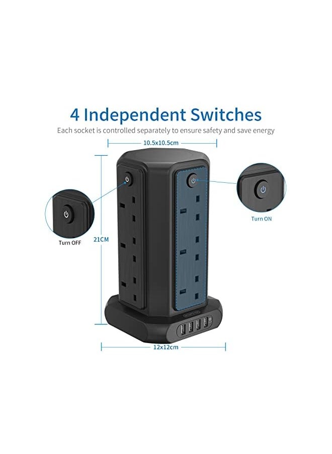 erorex - Strip Tower with USB, NTONPOWER 1080J Surge Protector Tower with 12 Sockets 4 USB, 1.5 Meter Power Extension Cord, Overload Protection, 3250W Extension Lead, 13 amp Fused Plug, Individual Switch - Image 1