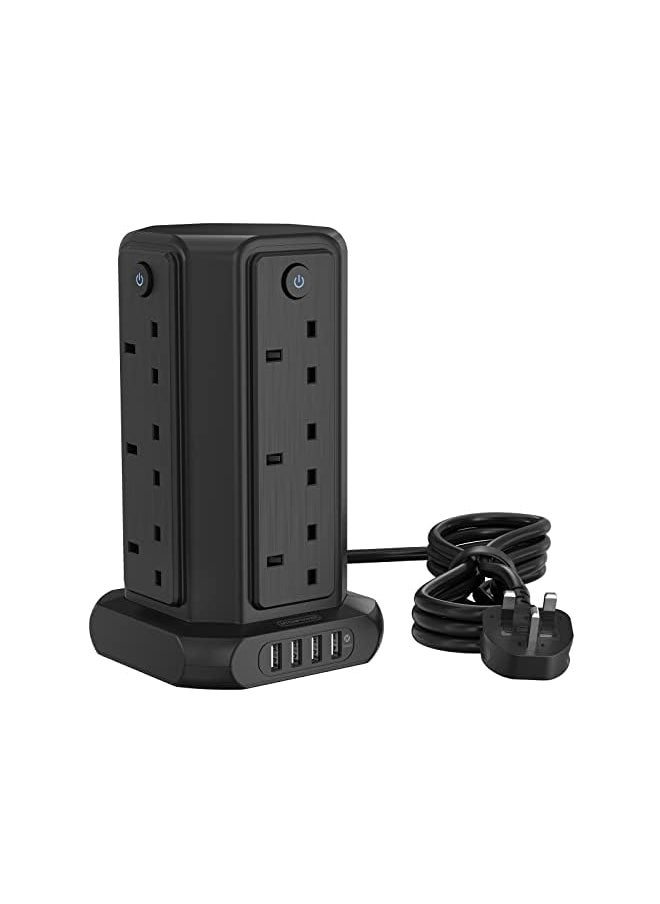 erorex - Strip Tower with USB, NTONPOWER 1080J Surge Protector Tower with 12 Sockets 4 USB, 1.5 Meter Power Extension Cord, Overload Protection, 3250W Extension Lead, 13 amp Fused Plug, Individual Switch - Image 1