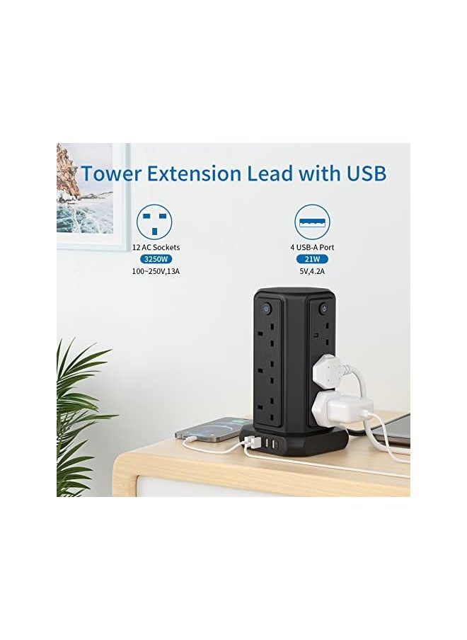 erorex - Strip Tower with USB, NTONPOWER 1080J Surge Protector Tower with 12 Sockets 4 USB, 1.5 Meter Power Extension Cord, Overload Protection, 3250W Extension Lead, 13 amp Fused Plug, Individual Switch - Image 1