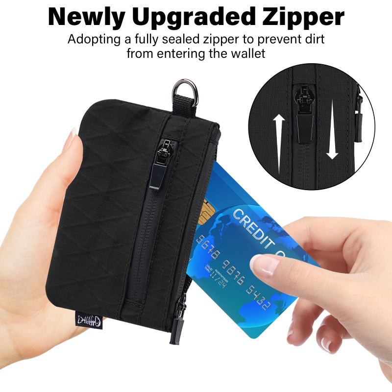 JONYEE Small Wallet with 2 Invisible Zipper Pockets&Lanyard&Keychain Water Resistant ID Case Card Holder Coin Purse Badge Pouch for Boys Girls Women Men Travel Sports Outdoor - Black - Image 3