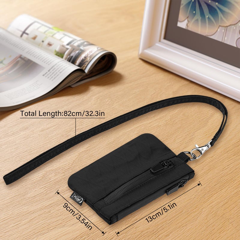 JONYEE Small Wallet with 2 Invisible Zipper Pockets&Lanyard&Keychain Water Resistant ID Case Card Holder Coin Purse Badge Pouch for Boys Girls Women Men Travel Sports Outdoor - Black - Image 2
