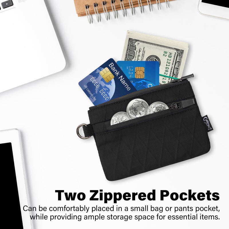 JONYEE Small Wallet with 2 Invisible Zipper Pockets&Lanyard&Keychain Water Resistant ID Case Card Holder Coin Purse Badge Pouch for Boys Girls Women Men Travel Sports Outdoor - Black - Image 4