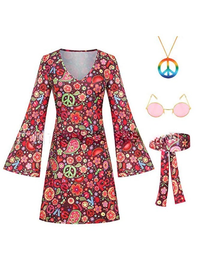 general For G and PL Women's 5 Pcs Halloween 70s Hippie Dress Floral Costume Outfit with Sunglasses Headband - Image 1