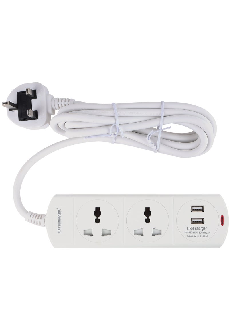 Olsenmark - Olsenmark 2 Way Universal Power Extension Socket With 2 USB 2.1A, 3M Cable 13A - Image 1