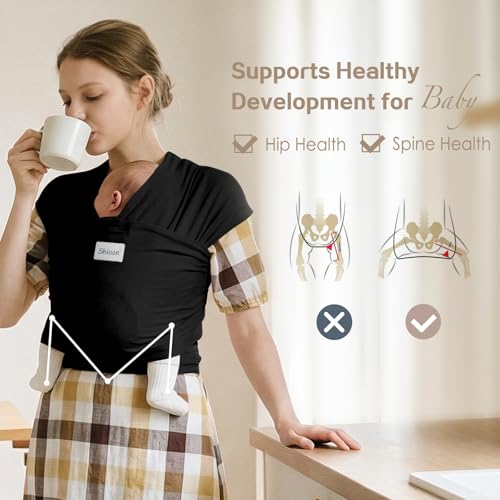 Shiaon Baby Wrap Carrier, Baby Carrier Wrap Newborn(7-35lbs), Cotton Baby Sling Carriers Wearing Wrap Hands Free, Cozy Newborn Wrap One Size Fits All, Black - Image 2