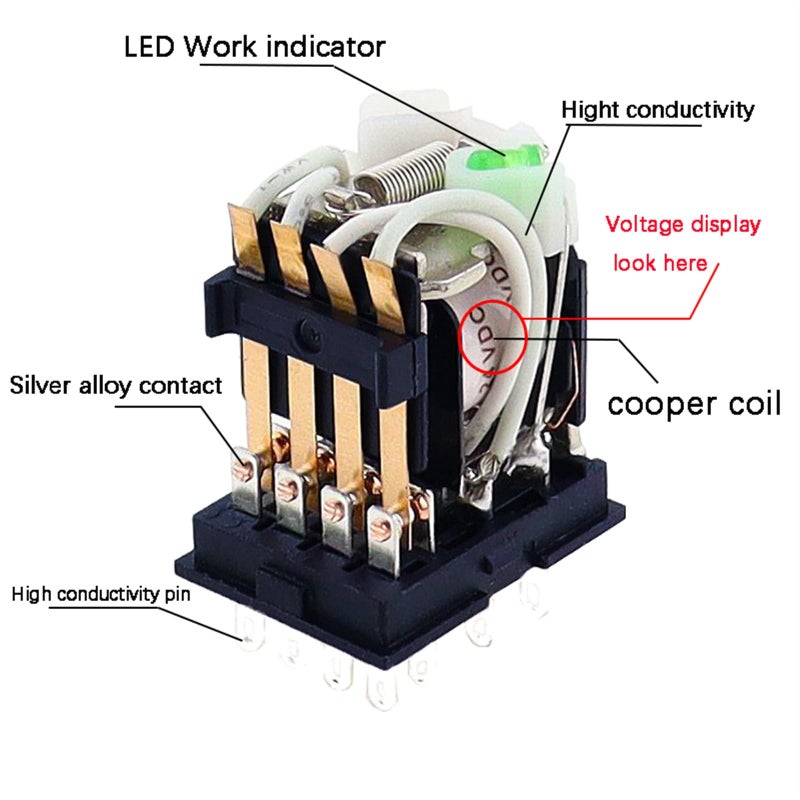 MY4NJ HH54PL مرحل الطاقة 4NO 4NC 14 دبوس قاعدة سكة DIN ملف AC DC 12V إلى 380V مؤشر LED أخضر - Image 3