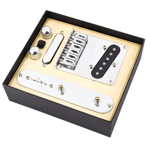 Domofa 6 Strings Saddle Bridge Plate Prewired 3 Way Switch Control Plate Neck Pickup Set for Squier Telecaster Electric Guitar Replacement Parts Chrome - Image 1