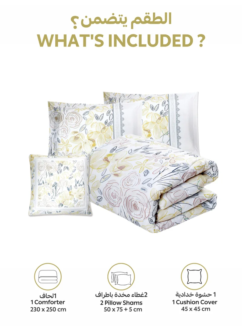 Donetella Bedding Comforter Set, King Size 250x230cm - 4-Pcs Digital Print Quilted Bed Set, Microfiber Fabric - 1 Comforter, 2 Pillow Shams,1 Cushion Cover.