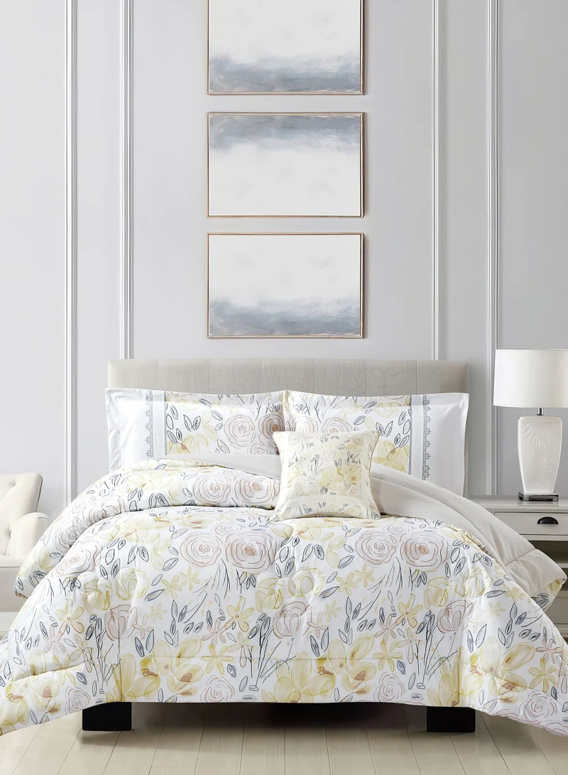 Donetella Bedding Comforter Set, King Size 250x230cm - 4-Pcs Digital Print Quilted Bed Set, Microfiber Fabric - 1 Comforter, 2 Pillow Shams,1 Cushion Cover.